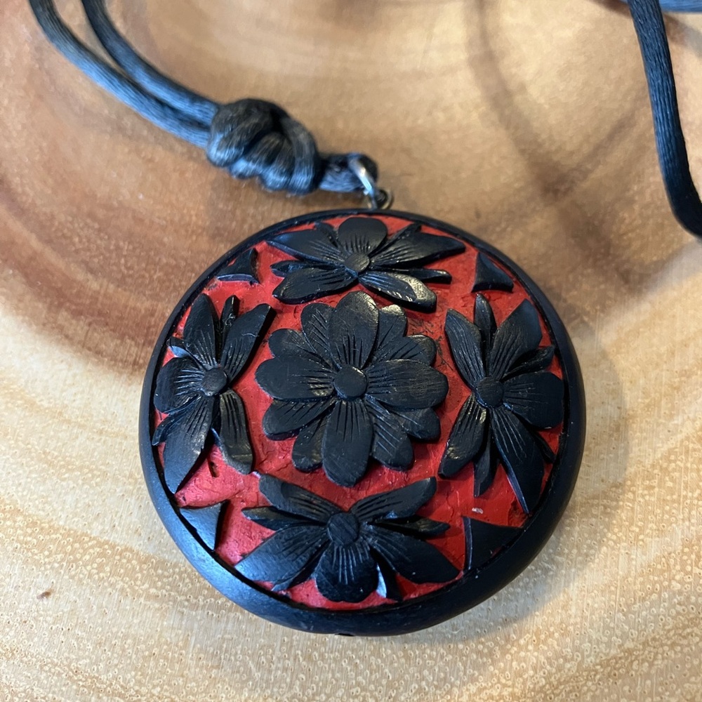 Vintage carved lacquer cinnabar pendant with cord– BOGO FREE Jewelry Deal
